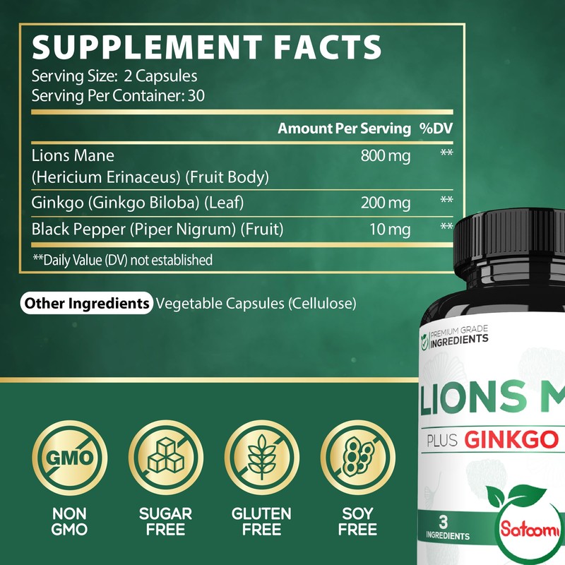 Satoomi Lions Mane with Ginkgo Biloba Supplement - 60 Capsules