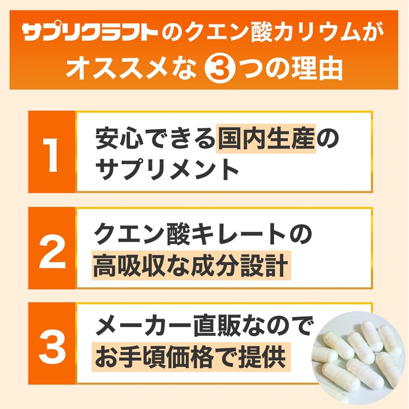 サプリクラフト カリウム サプリ クエン酸カリウム 99mg 180カプセル(1ヶ月～半年分)