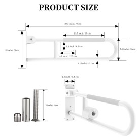 Toilet Grab Bar 30.3 Inch, YuanDe White Anti-Slip Support Rail, U Shaped Flip-Up Grab Bar with Paper Holder, Stainless Steel Knurled Handicap Safety Handrails for Disabled Elderly Pregnant