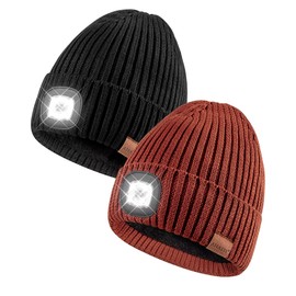 Beanie with Light for Men 2 Pack, Hat with Light Built in Rechargeable Winter Warm Knitted Headlamp Caps, Gift for Men Dads Husband Led Beanie Hats with Light(Black&Dark Orange)