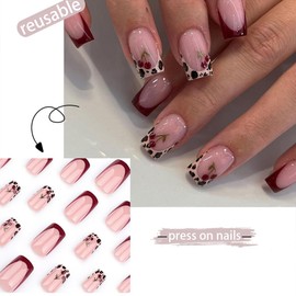 Red French Tip Press on Nails Short Square Fake Nails Cute Leopard Print False Nails with Cherry Designs Glossy Artificial Nails Reusable Glue on Nails Stick on Nails for Women Girls 24Pcs