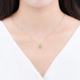 ZhenCai Pendant Necklace for Women Sterling Silver 925 with 6mm Round Shape Natural Gemstone Rhodium Plated Classic Style Prong Setting Fine Jewelry Birthday Christmas Gifts (Natural Peridot)