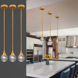 EANLOLY 3-Pendant Lights Kitchen Island, Painted Gold Globe Crystal Ceiling Hanging Light Fxitures, LED Light Fixtures Metal Rod Ceiling Glass Pendant Lighting for Kitchen Island Dining Room Bar