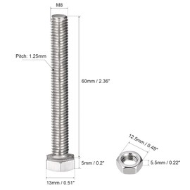 sourcing map M8 x 60mm Hex Head Screws Bolts, Nuts, Flat & Lock Washers Kits, 304 Stainless Steel Fully Thread Hexagon Bolts 4 Sets