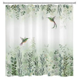 EOBTAIN Sage Green Leaves Shower Curtain Eucalyptus Hummingbird Shower Curtains White Green Leaf Botanical Plant Floral Cottagecore Aesthetic Bathroom Curtain 12 Hooks Durable Fabric 72X72Inches