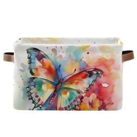 Storage Basket Beautiful Painting of Lovely Colorful Butterfly and Flowers Durable Canvas Collapsible Toy Box Organizer Bin with Handles for Shelf Closet Bedroom Home Office