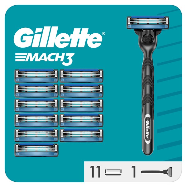 Gillette Mach3 Rasoir Pour Homme, Rasoir À 3 Lames, 1 Rasoir Gillette, 12 Recharges De Lames, Avec Manche En Acier Inoxydable