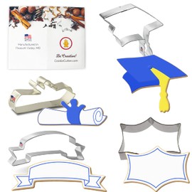 Graduation Cookie Cutter 4 Pc Set HS0436 Includes: 4.5 in Graduation Cap, 4 in Diploma, 3.5 in Sparkle Plaque, 5 in Banner - Foose Cookie Cutters - US Tin Plated Steel