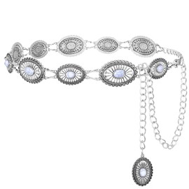 SANSTHS Western Metal Concho Belt for Women, Waist Chain Cowgirl Belt for Dresses Jeans Pants with Silver Chain, white gem M