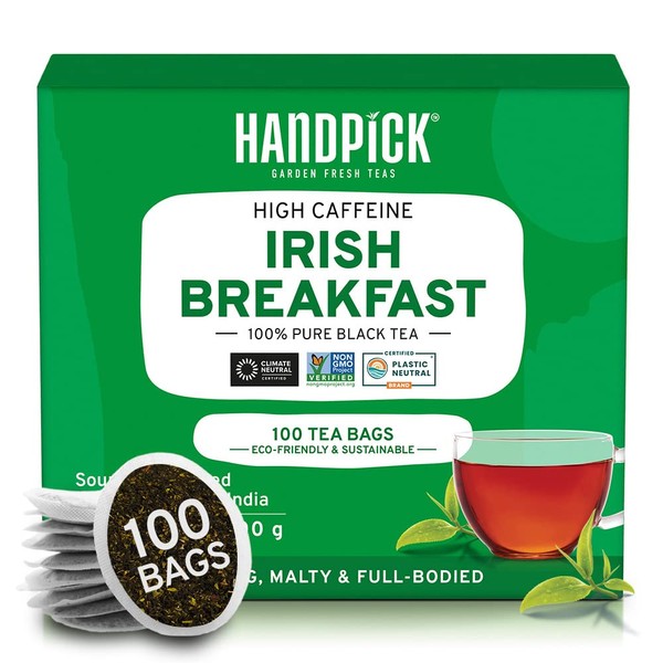 HANDPICK, Irish Breakfast Tea Bags (100 Count) Non-GMO, 100% Pure Black Tea - Strong, Robust & Bold Flavor | Antioxidants Rich, Round Eco-Conscious Tea Bags | Packaging may vary