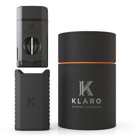 KLARO Triple Torch Lighter and V-Cut Cutter – Spring-Loaded V-Cut, with Rest Lid, Gift-Ready with Silicone Sleeve – Black Finish – Lighter for Men