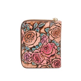 ArtsEye Women's Rose Embossed Genuine Leather Short Zip Around Wallet Clutch Purse (Pink Rose)
