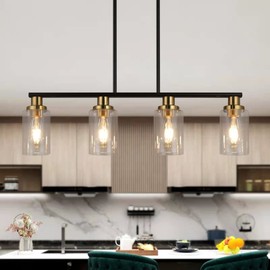KPIOK Island Lights for Kitchen, 4-Light Farmhouse Dining Room Light Fixtures Over Table, Matte Black and Gold Linear Chandeliers for Dining Room，Industrial Pendant Lighting with Clear Glass Shade