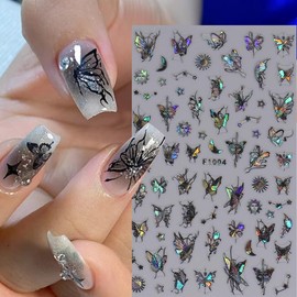 Vezocim Black Butterfly Nail Art Stickers Decals-3D Butterflies Nail Self-Adhesive Sticker Designs Laser Butterfly Star Moon Nail Transfer Decal Supplies for Women Girls Manicure Tips Decorations