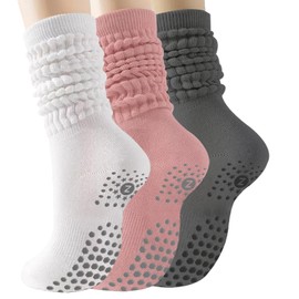 ZANZER (3 Pairs) Scrunch Pilates Grip Socks for Women, Yoga Slouch Socks with Grip for Barre Workout Hospital Dance Gym Exercise (AU, Numeric, 00, 3, White + Pink + Dark Grey)