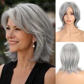 QUEENTAS 12" Gray Wigs for Women Grey Silver Medium Length Layered Wig with Curtain Bangs Glueless Natural Looking Synthetic Wigs for Thinning Hair Daily and Cosplay(Black Mixed Grey Siler)