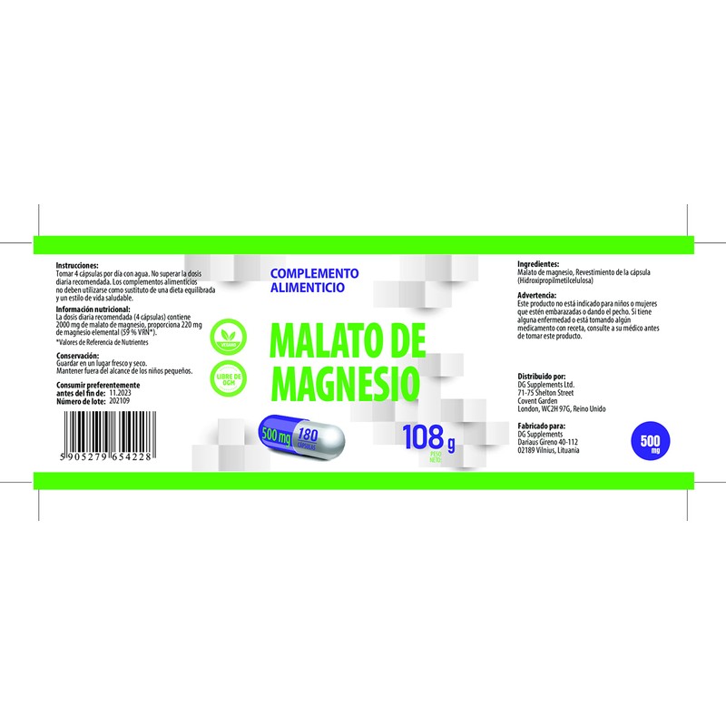 Magnesium Malate 2000 mg per serving 180 vegan capsules, laboratory