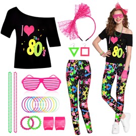 80s Women Costume Accessories Set，Off Shoulder T-shirt Legging Pants Necklace Earrings Bracelet Hairband Fishnet Gloves for Retro Theme Party (yellow+green, M)