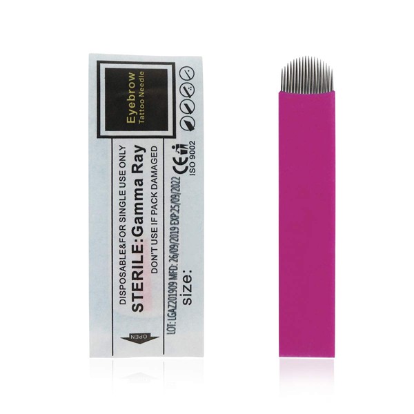 50pcs Pink Flex Microblading Needles 0.18mm Tattoo Blade with 12 pins 14 pins 16U Size for Eyebrow Permanent Makeup Manual Pen (16U)