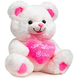 BEJOY Teddy Bear with Pink Heart Plush Bear That Says I Love You and Blushes LED Stuffed Toys for Girlfriend and Kids Valentine's Day 13 inch White