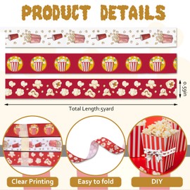 Threetols 3 Rolls 15 Yards Popcorn Ribbons, 3/5" Red White Printed Grosgrain Ribbon Snacks Theme Wrapping Craft Ribbons for School Classroom Popcorn Theme Party Decoration