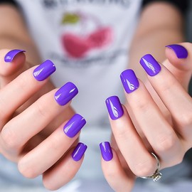 LINSSQ Press on Nails Glossy Solid Purple Fake Nails Medium Length Squoval False Nail Art Tips Reusable Acrylic Finger Nails Gifts for Women Girls