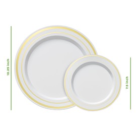 SETUP 60-Piece Gold Trim Plastic Dinnerware Set – 30 10.25" Dinner & 30 7.5" Salad Plates – Heavy-Duty Disposable for Weddings, Catering, Parties