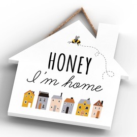 Global Designs Honey I'M Home Bee Themed Decorative Wooden House Shaped Hanging Plaque