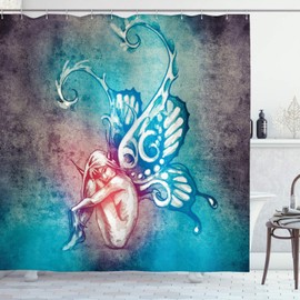 Ambesonne - Cortina de ducha de mariposa, con alas de mariposa, renovación de la psique del renacimiento femenino, ligereza del ser, tela de tela, juego de decoración de baño con ganchos, 69 pulgadas de ancho x 75 pulgadas de largo, azul morado