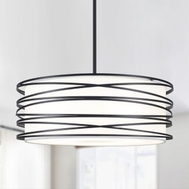 19.7" Black Pendant Light, 5-Lights Modern Drum Chandeliers for Dining Room Adjustable Pendant Hanging Lighting with White Fabric Shade for Kitchen Island Living Room Entryway Bedroom