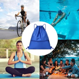 Drawstring Backpack Bag with Front Pocket Waterproof Oxford Cloth, Lightweight Gym Sack for Sports and Travel (Blue, Small)