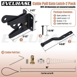 Self Locking Gate Latch with Spring Cable Pull, Heavy Duty Automatic Gravity Lever Gate Fence Door Latches for Wooden Fence/Vinyl Door/Outdoor Secure Pool/Garden, Black-2 Pack