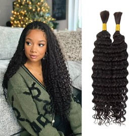 Bulk Deep Wave Human Hair for Braiding Boho Braids Human Hair for Bohemian Knotless Braids Braiding Hair Micro Braiding Hair No Weft Human Hair Extensions 2Bundles(Natural Black#,24inch)