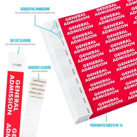 500 WristCo Red General Admission Tyvek Wristbands for Events - ¾” x 10” - Waterproof Recyclable Comfortable Tear Resistant Paper Bracelets Wrist Bands for Concerts Festivals Admission Party