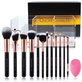 Oscar Charles Professional Radiance Makeup Brush Set with Beauty Sponge and Brush Holder {Rose Gold}