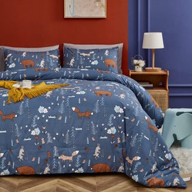 CLOTHKNOW Full Blue Bear Comforter Set 3Pcs Navy Bear Bedding Comforter Sets Woodland Rustic Animal Fox Rabbit Bed Comforter Sets Kids Full Size Comforter Sets