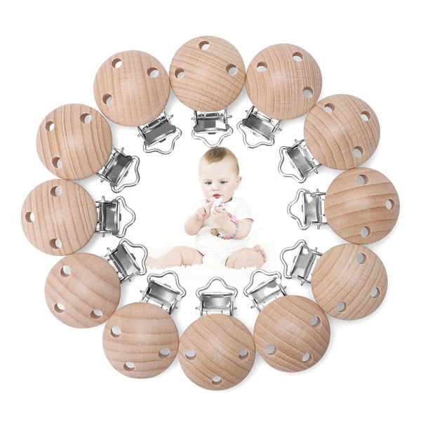 Kigniote Pack of 12 Wooden Dummy Clips, Baby Dummy Chains, Clips, Dummy Clips, Prevents Dummy from Dropping or Losing Dummy Chains Accessories for DIY Dummy Chain Crafts