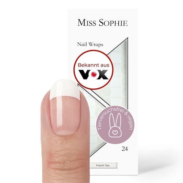 Miss Sophie Nail Wraps, 24 Ultra-Thin Nail Polish Strips for Fingernails and Toenails, Adhere to Natural as well as Lacquered, Acrylic, Gel & Shellac Nails, French Tip (Transparent/White)