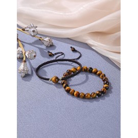 Jovivi Mens Bracelets for Womens,2pc Natural Tiger Eye Crystal Beaded Bracelet for Men Women Jewellery Gifts for Him Her Anniversary Valentines Birthday