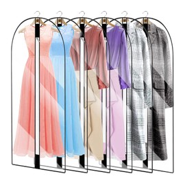 6Pack See Through Breathable Clothes Covers with Zip, 60CMX140CM Waterproof Dustproof Garment Covers Bags Moth Proof Dress Bag Covers Damp-proof Mens Suit Storage Bag for Wardrobe Storage and Travel