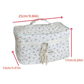 hobbyhub Travel Makeup Bag, Cotton Polyester Cute Beige Floral/White Cherry Makeup Organizer with Handle Toiletry Cosmetic Pouch for Women, White Cherry/Beige Floral