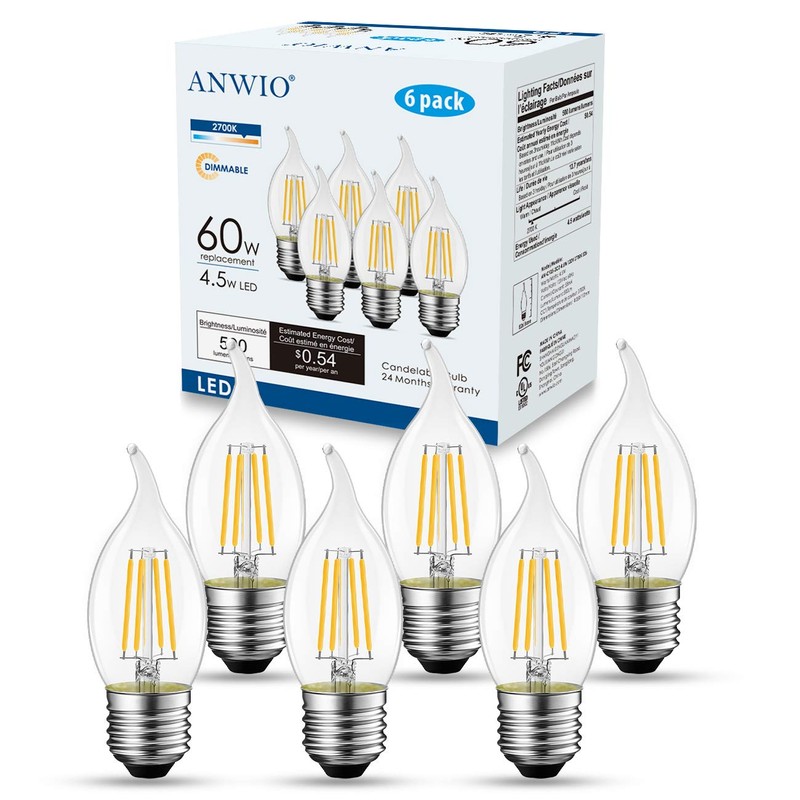 ANWIO Flame Tip LED Filament Bulb Candelabra E26 Base, Dimmable