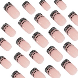 Black French Tip Press on Nails Short Square Fake Nails with Design Glitter Black Line False Nails Glossy Artificial Nail Nude Stick on Nails for Women Manicure 24pcs