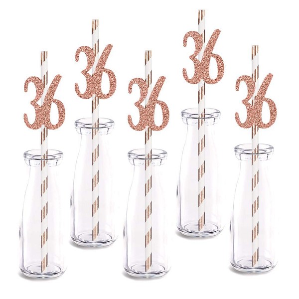 Rose Happy 36th Birthday Straw Decor, Rose Gold Glitter 24pcs Cut-Out Number 36 Party Drinking Decorative Straws, Supplies