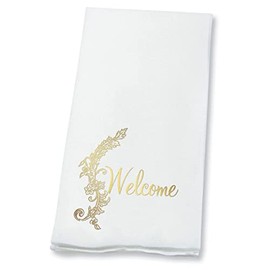 Lillian Vernon Welcome Flourish Gold Foil Linen-Like Disposable Hand Towels (Set of 100)- 50% Cotton 50% Paper Blend, 13" by 17" Open, Wedding Party, Anniversary Party, Holiday Party Supplies