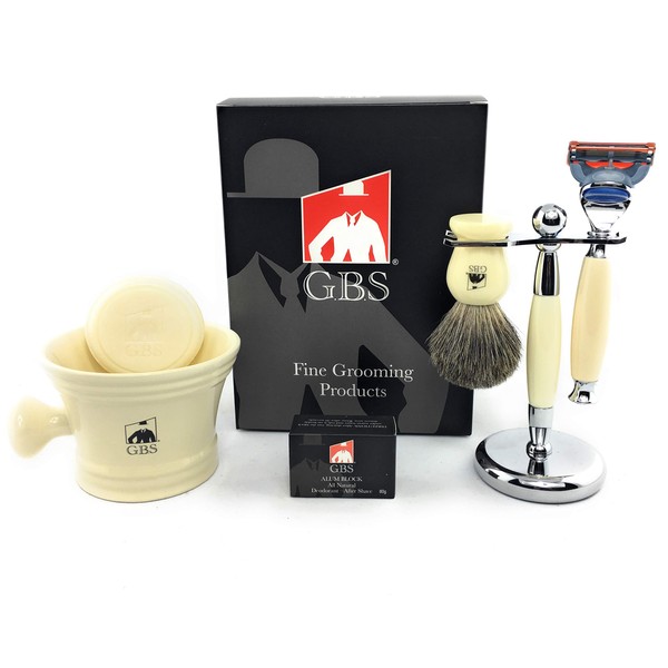 GBS Men's Grooming Set with Ivory 5 Blade Razor, Best Perfect Gift 100% Pure Badger Brush, Brush and Razor Stand, Ivory Mug with 97% All Natural GBS Shaving Soap