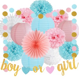Gender Reveal Party Decorations Glitter Letters Boy or Girl with Hearts Banner Tissue Paper Poms Paper Lanterns Circle Dot Garland for Baby Shower Birthday Pink and Blue Party Decoration