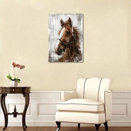 Horse Canvas Wall Art Horse Portrait Pictures Wall Decor Farmhouse Brown Horses Canvas Painting Rustic Horse Canvas Prints Artwork for Living Room Bedroom Office Home Wall Decoration 20" x 28"