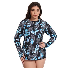 Tanst Sky Women's Swim Top,Plus Size Sun Protection Clothing for Women Quarter Zip Long Sleeve Crewneck UPF 50+ Rash Guard Ladies Quick Dry Coverups Beach Bathing Suits Floral Blue XL
