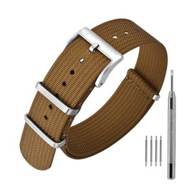 ANNEFIT Nylon Watch Strap 24mm, One-Piece Waterproof Military Watch Band with Heavy Silver Buckle (Brown)